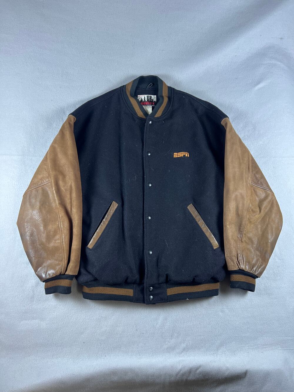 Vintage ESPN Varsity Jacket Mens XXL Black Brown Wool Leather Sleeve Bomber